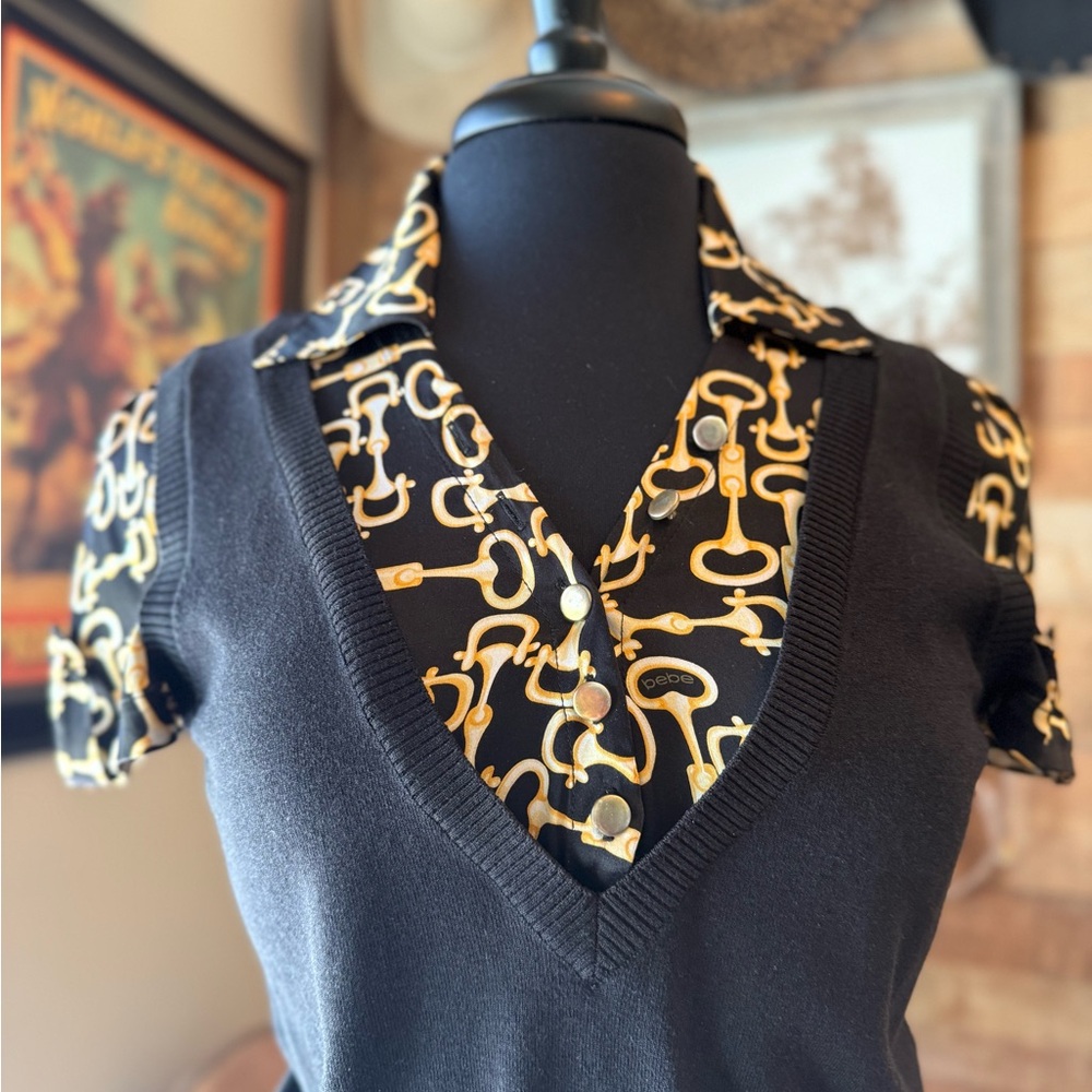Black Snaffle-Bit V-Neck Sweater with Gold Accents